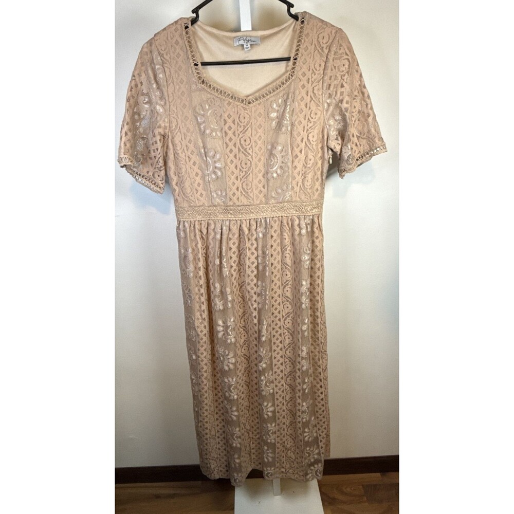 Vintage Polagram Lace Overlay Dress Size Med Nude Midi Maxi Cottagecore Coquette